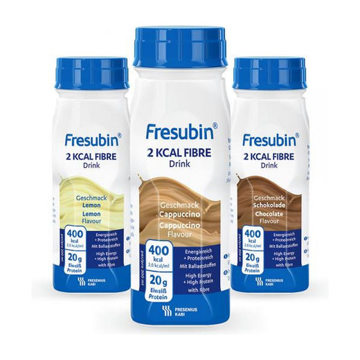 Fresubin 2 kcal Fibre Drink 200 ml Trinkflaschen in den Sorten Lemon, Cappuccino und Schokolade