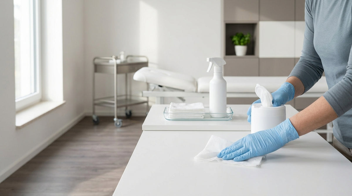Flächendesinfektion mit Desinfektionstüchern und Nitrilhandschuhen in einer Praxis