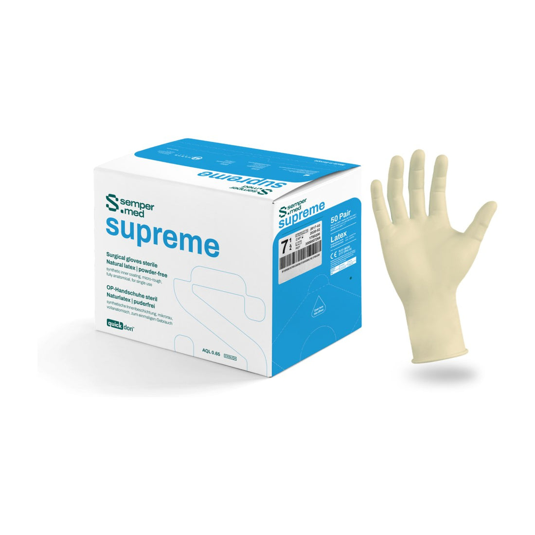 Sempermed Supreme OP-Handschuh aus Naturlatex neben dem Karton